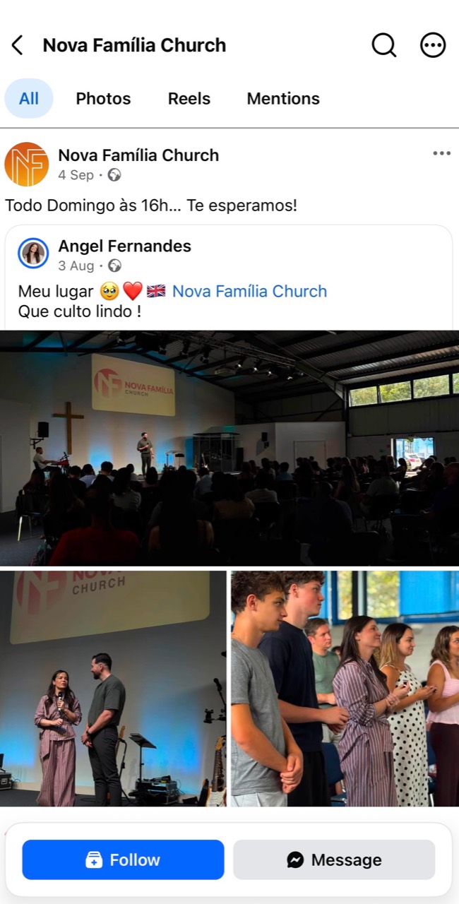 Print do Facebook da Igreja Nova Família em modo claro, com fotos do culto